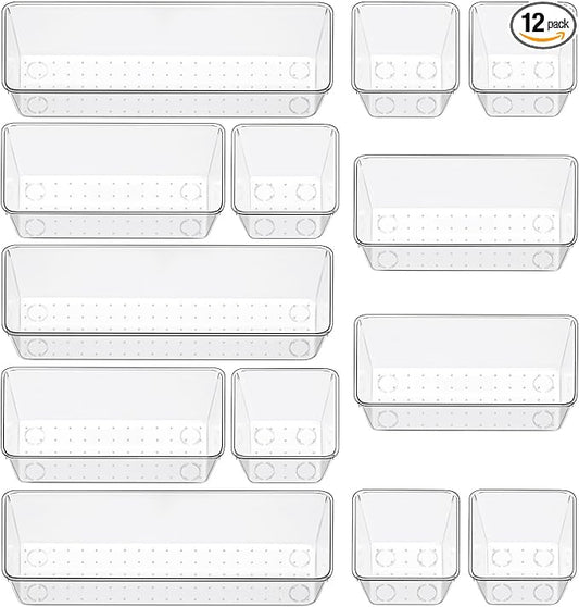 12 Piece Clear Drawer Organizer Set, 3 Sizes Bathroom Vanity Organizer Trays and Storage Bins for Makeup, Cosmetics, Jewel...