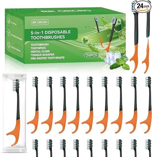 24Pack Disposable Toothbrushes with Toothpaste All-in-One Oral Care Prepasted Individually Wrapped 5-in-1 Mini Toothbrush ...