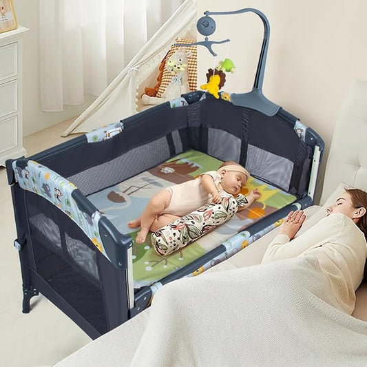 5-in-1 Baby Bassinet Bedside Crib, Pack and Play Long Next to Parents Bed Crib with Toys & Music Box, Mattress, Foldable P...
