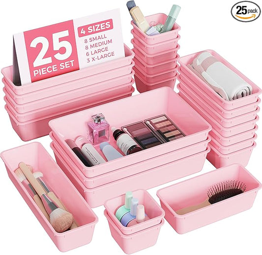 BiuLeon 25 PCS Plastic Drawer Organizers Set, 4-Sizes Vanity and Makeup Organizer, Desk and bathroom Drawer Organizer Tray...
