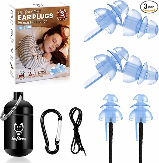 Softvox Ear Plugs for Sleeping 3 Pairs, Reusable Silicone Earplugs Sound Proof Noise Cancelling for Side Sleeper Study Tra...