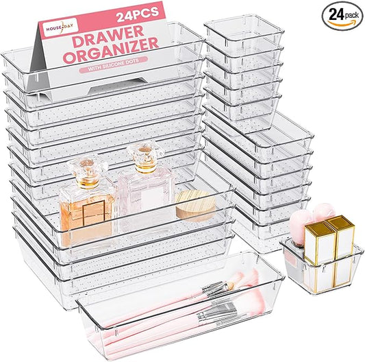 HOUSE DAY Makeup Drawer Organizer Trays 24 PCS, 4-Size Clear Drawer Organizers with Silicone Pads, Vanity Organizers and S...