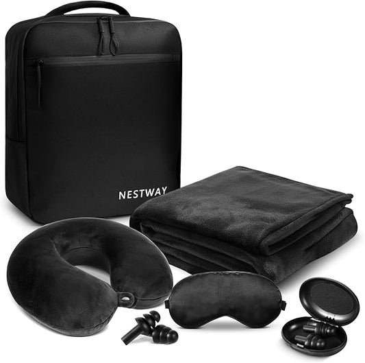 Nestway 5-in-1 Travel Pillow and Blanket Set – Memory Foam Neck Pillow, Airplane Travel Essentials with Plush Blanket, Eye...