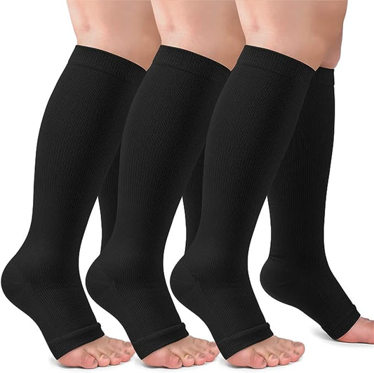 3 Pack Copper Compression Socks for Women & Men, 20-30mmHg Open Toe Knee High Stockings for Circulation Support