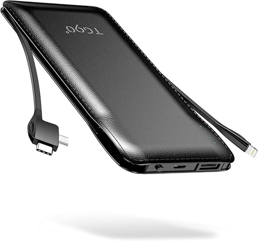 TG90° Portable Charger with Cords Only 10000mAh Power Bank with Built in Cables(No Plug) Battery Backup Cell Phone Externa...