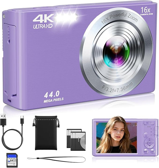 Digital Camera, FHD 4K Compact Cameras with 64GB SD Card 2 Batteries, Portable Travel Digital Camera with 16X Autofocus Di...