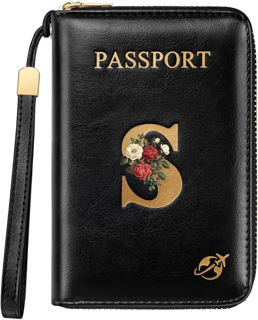 Passport Holder Cover Wallet with Zipper Personalized Initial Letter S Rose Flower RFID Blocking Travel Wallets Credit Car...