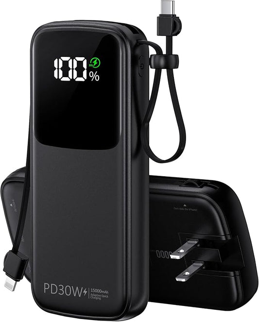 UYAYOHU Portable Charger, Power Bank, 15000mAh Battery Pack Fast Charging Lightweight, Built-in AC Wall Plug and 2 Output ...