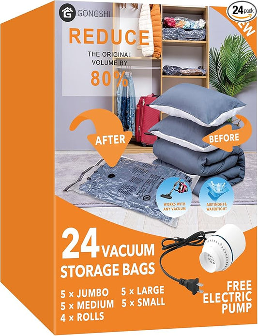 24 Pack Vacuum Storage Bags with Electric Pump, (5 Jumbo, 5 Large, 5 Medium, 5 Small, 4 Roll Up Bags) Space Saver Bag for ...