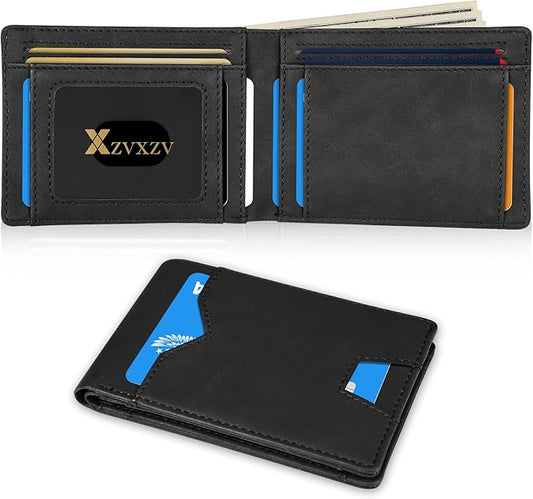 XZVXZV Man Slim Wallet Leather Money Clip RFID Blocking Front Pocket Minimalist Bifold Wallet Thin Credit Card Holder Black