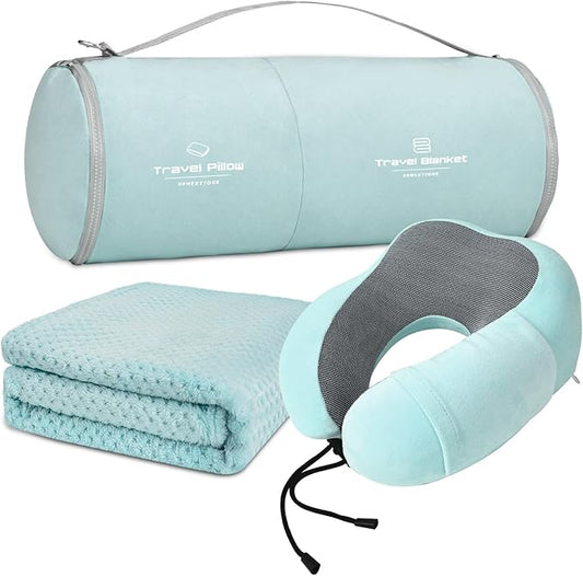 urnexttour Travel Pillow and Blanket Set Neck Pillow Airplane Memory Foam for Traveling Compact with Bag Blue Green