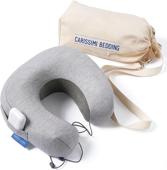 Carissimi Bedding Travel Neck Pillow with Bag – Compact Memory Foam Neck Pillow for Airplane, Car and Office – Ergonomic D...