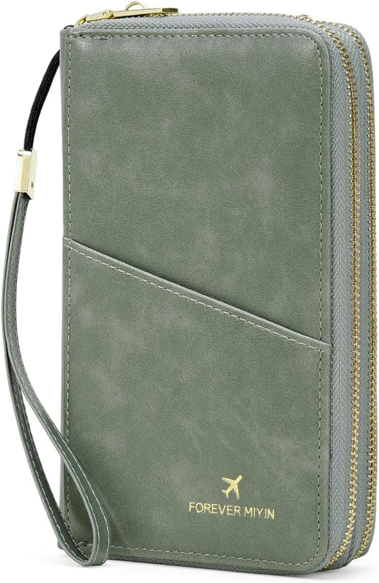 GOIACII Passport Wallet Travel Crossbody Bags for Women Wristlet Phone Purse Double Zip Vegan Leather Green
