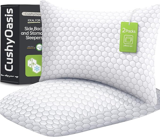 CushyOasis Shredded Memory Foam Pillow for Sleeping, Cooling Bed Pillows Set of 2, Adjustable Pillows for Side, Back, Stom...