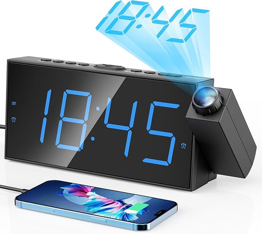 Digital Projection Alarm Clocks for Bedrooms - Large LED Display, 180° Rotatable Projector, 5-Level Dimmer,USB Charger,Bat...