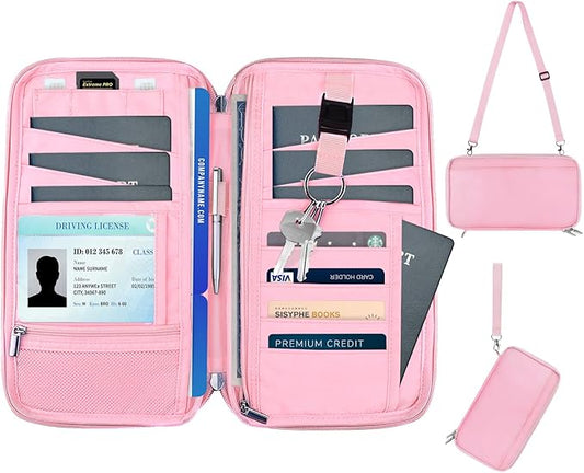 WALNEW RFID Family Passport Holder Wallet with Tracker/AirTag Holder, Travel Document Organizer Zipper Pouch with Wristlet...