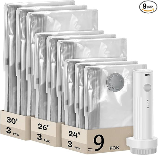 Vacuum Seal Bags For Clothing Travel With Wireless Electric Pump，9 Pack Space Saver Vacuum Storage Bags In 3 Combo Sizes，C...
