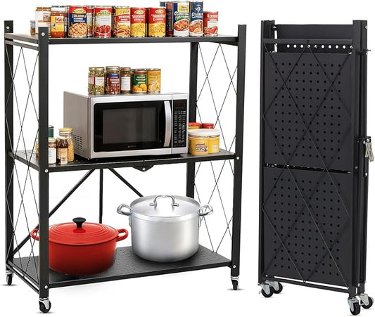 3 Tier Foldable Storage Shelf with Wheels, Heavy Duty Collapsible Metal Shelf Rack Folding Bookshelf, No Assembly Rolling ...