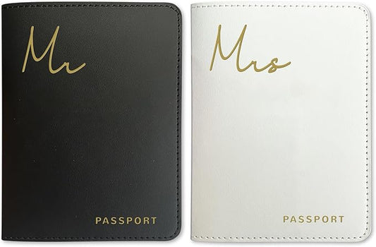 HubbyWifeyGifts Mr and Mrs Passport Holder Set, PU Leather Passport Cover with RFID Blocking, Honeymoon Essentials for Tra...