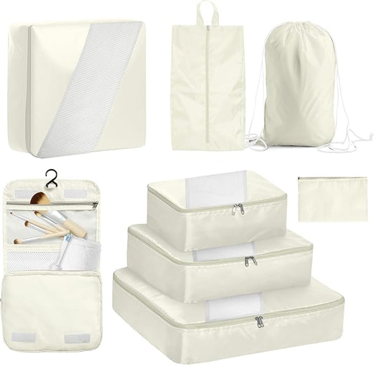 WVM Packing Cubes for Travel, 8-Piece Luggage Organizer Set with Shoe Bag, Toiletry Bag & Laundry Bag, Beige