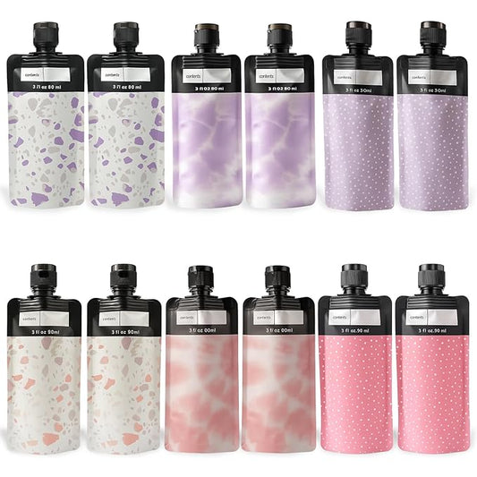 12 PCS Travel Pouches for Liquids, Refillable Travel Pouches, Leak Proof Travel Size Containers for Toiletries, Pink and P...