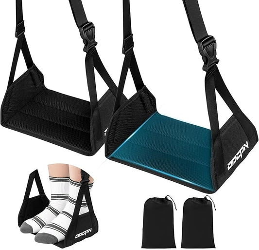 2-Pack Foot Hammock for Plane Travel, No Collapse Thickened Bamboo Airplane Foot Rest with Extended Adjustment Strap, Port...