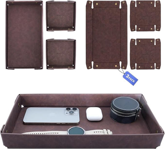 NORIRUN 3Pcs Foldable Valet Tray Set, Premium PU Leather Storage Organizer with 1 Large and 2 Small Trays for Desk Dresser...