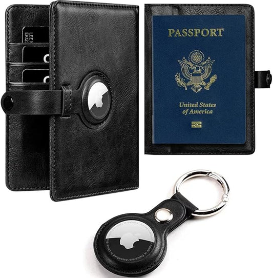 Travel Passport Wallet with Airtag Holder,RFID Passport Vaccine Card Holder with Air Tag Luggage Keychain,Leather Passport...