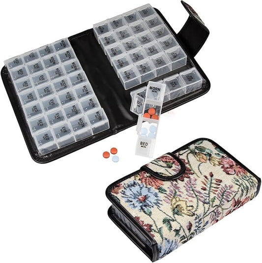 Floral Pill Case Box, 14 Day Pill Holder Pill Container & Medication Organizer, Travel Case - 4 Marked Compartments for Ea...