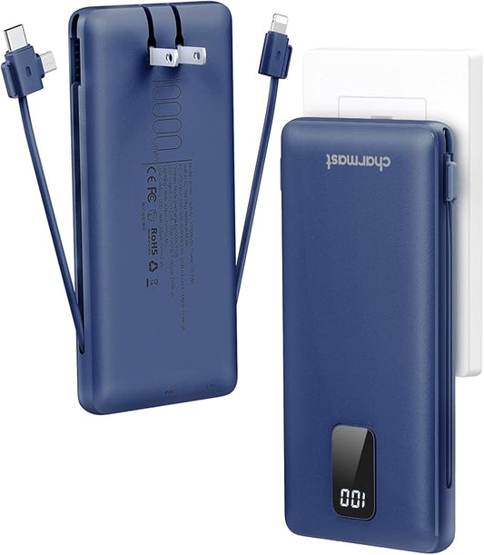charmast Portable Charger with Built-in Cables and Plug, 10000mAh USB C Power Bank Fast Charging, External Battery Pack Sl...