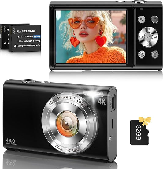 Digital Camera, 4K Vlogging Camera for YouTube Autofocus Cameras for Photography with 16X Digital Zoom, 48MP Compact Point...