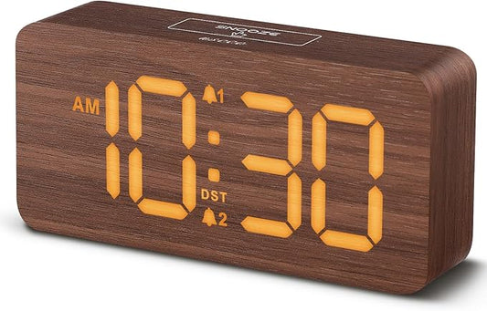 uscce Wooden Digital Alarm Clocks for Bedrooms: Dimmable Dual Alarm Clock with Large Numbers for Bedside Desk - Loud Alarm...