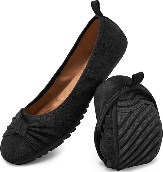 Ecetana Womens Flats Shoes Dressy: Round Toe Bowknot Suede Foldable Ballet Flats Comfortable Casual Slip On Loafers