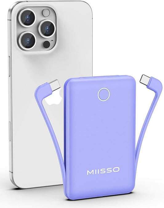 miisso 10000mAh Compatible with iPhone 15/16/17 and Android, Slim Portable Charger with Built in Cable, Power Bank Travel ...