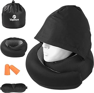 Vzpeun Travel Pillow - Hooded Neck Pillow Airplane Memory Foam Filling for Plane, Office, Cars Sleeping, Road Trip, Long F...