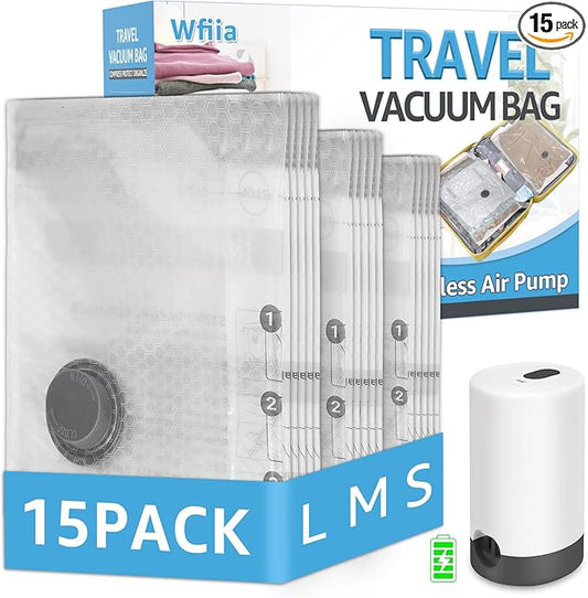 Vacuum Bags for Travel with Rechargeable Pump, 3 Sizes Vacuum Seal Bags for Clothing, Compression Vacuum Travel Bags for L...