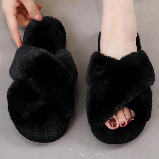 Fuzzy Slippers for Women, Open Toe Cross Band Memory Foam House Shoes Cozy Plush Fluffy Indoor Outdoor Slide Slippers Soft...