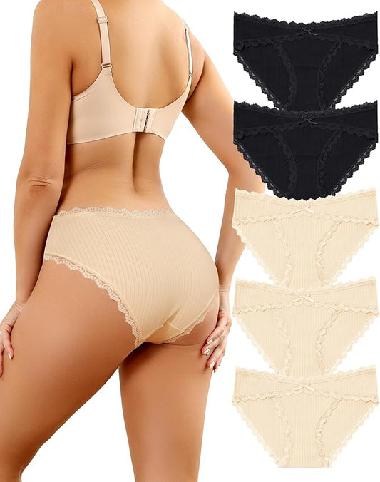 LEVAO Women's Cotton Hipster Underwear Ladies Bikini Panties with Soft Lace Trim, Full Coverage Cheeky Underpant S-2XL