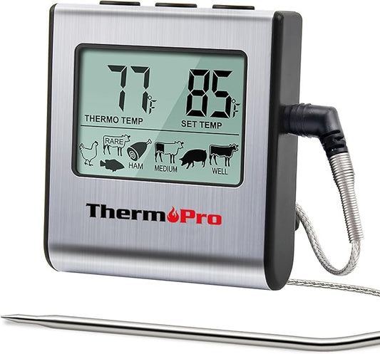 ThermoPro TP16 Large LCD Digital Cooking Food Meat Thermometer for Smoker Oven Kitchen BBQ Grill Thermometer Clock Timer w...