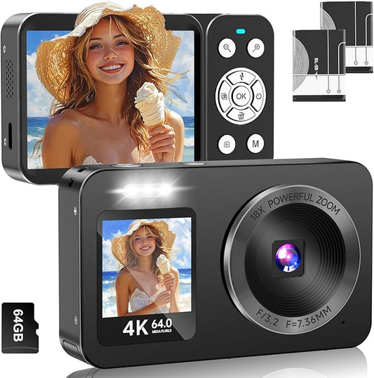 WABL Digital Camera, 4K 64MP UHD Dual Screens Camera, 18X Zoom, Portable Small Point and Shoot Digital Cameras with 64GB T...