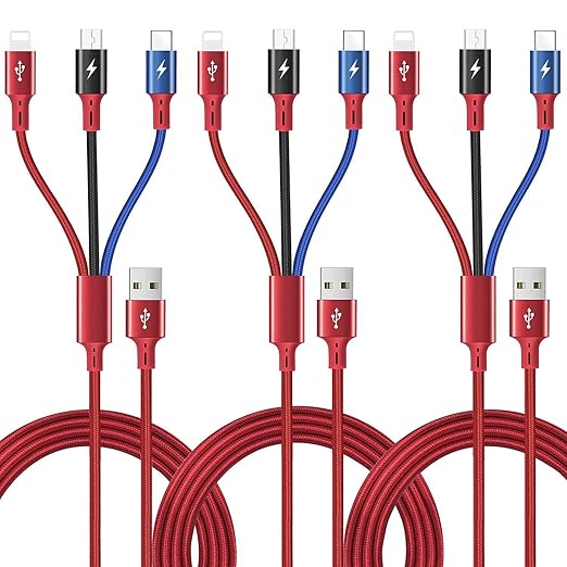 3Pack 5Ft Multiple Charging Cable 3-in-1 Braided Multi Charger Cord Fast Charging Cable Multi Charger Cable for Type C/Mic...