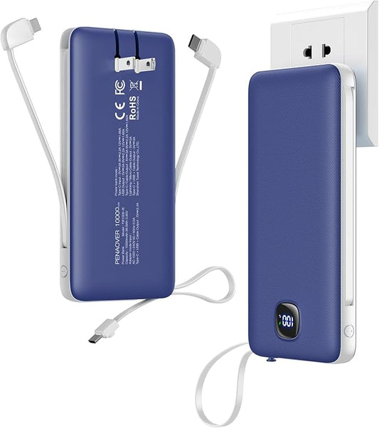 penaover Portable Charger with Built-in Cables&AC Wall Plug,Slim 10000mAh 22.5W Fast Charging Power Bank,5 Output 2 Input ...
