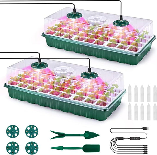 Pattiumo 2 Packs Seed Starter Tray with Grow Lights, 72 Cells Silicone Seed Starter Kits with Humidity Dome, 3 Lights for ...