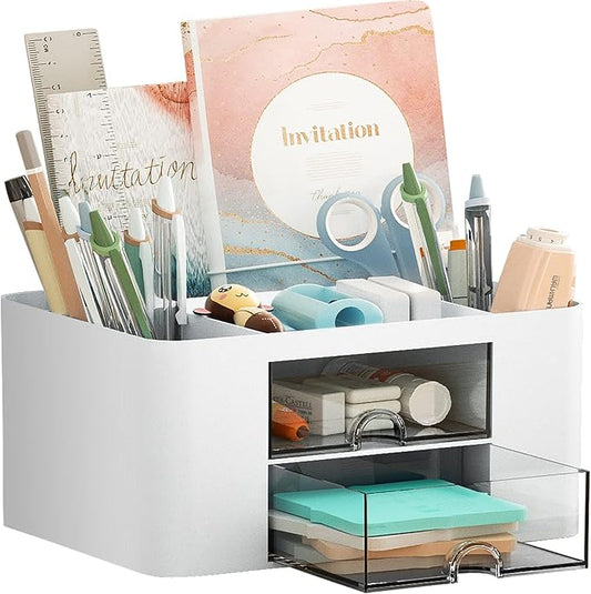 Marbrasse Pen Organizer with 2 Drawer, Multi-Functional Pencil Holder for Desk, Desk Organizers and Accessories with 5 Com...