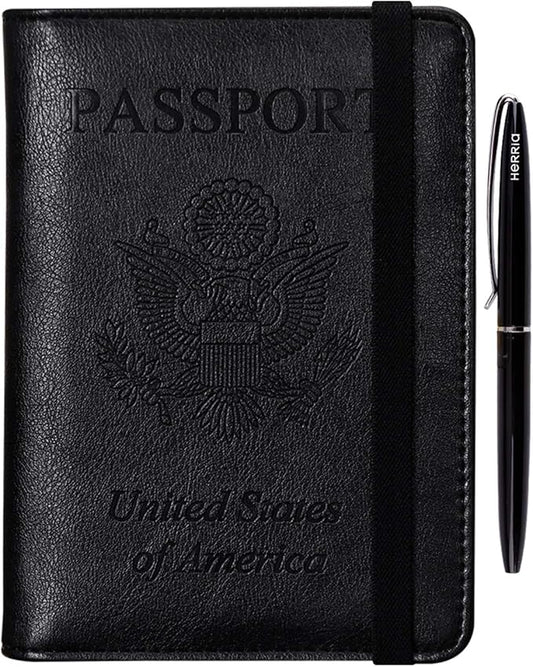 HerriaT Leather Passport Holder Cover Case RFID Blocking Travel Wallets Card Case for Women Men(Black)