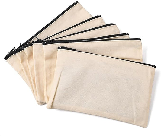 2Pc Blank DIY Craft Bag Canvas Pencil Pouch, Floral White Cosmetic Bag Multipurpose Travel Toiletry Pouch with Black Zippe...