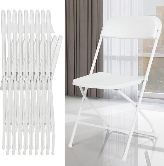 EconoHome 10 Pack White Plastic Folding Chairs, Heavy-Duty Steel Frame, Portable Stackable Foldable Chairs with Non-Slip F...