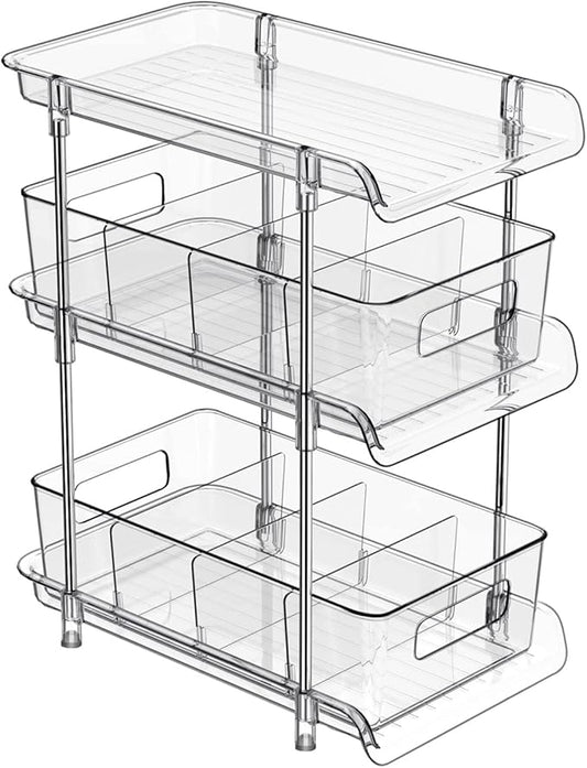3 Tier Clear Bathroom Organizer with Dividers, Multi-Purpose Pull-Out Pantry Organization and Storage, Under Sink Closet O...