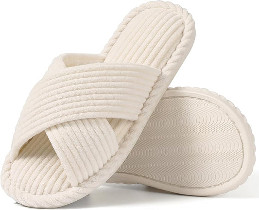 Evshine House Slippers for Women Memory Foam Bedroom Slippers Corduroy Open Toe Slides Shoes Indoor and Outdoor