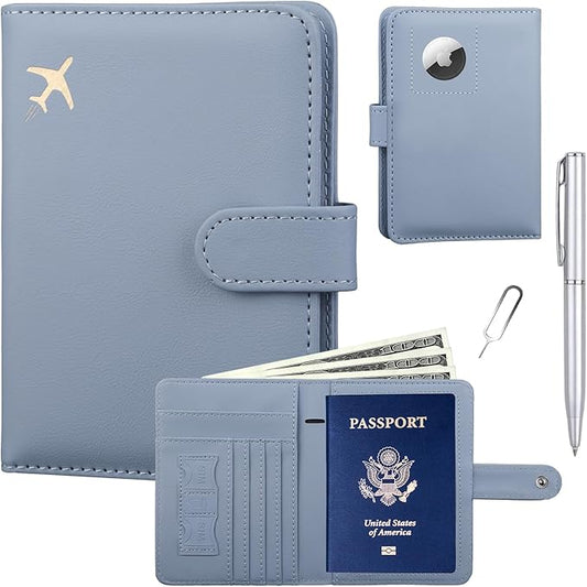 GOAUS Passport Holder for Travel with AirTag Slot Cards Cash Pocket, PU Leather Travle Wallet Gifts for Women Men RFID Blo...